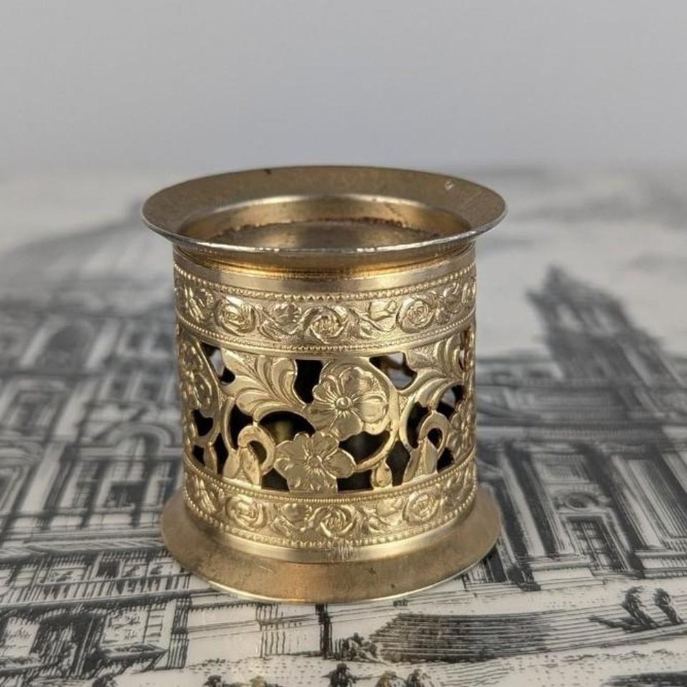 Vintage 50s Brass Reticulated Floral Candle Holder Votive Cup 2" Filigree
